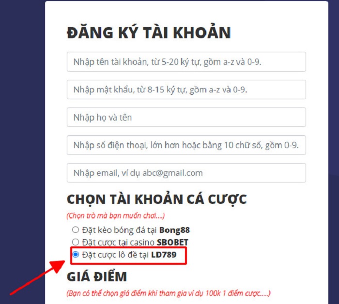 chọ tài khoản đăng ký ld789