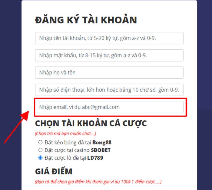 nhập địa chỉ email đăng ký ld789